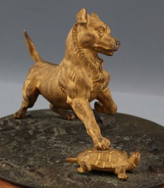 Antique 19thC Dore Gold Gilt Bronze Terrier Dog & Tortoise Turtle Sculpture NR 8