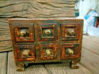 Old Vintage Painted Small Chest Handmade Miniature/tiny 6 Drawer Wooden Rack