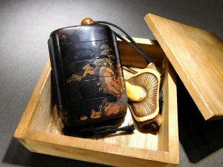 Makie Lacquered Inro W Kinko Ojime & Netsuke 19thc Japanese Edo Meiji Antique