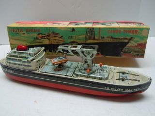 1950 ' s Japan Bandai Tin Battery Op.  Silver Mariner Ship w/Tank.  A, .  NR 2