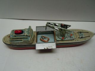 1950 ' s Japan Bandai Tin Battery Op.  Silver Mariner Ship w/Tank.  A, .  NR 5