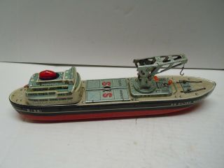 1950 ' s Japan Bandai Tin Battery Op.  Silver Mariner Ship w/Tank.  A, .  NR 6
