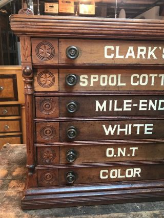 Antique Country Store Display Clark’s Six Drawer Spool Cabinet Bird & Pine Cone 10