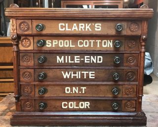 Antique Country Store Display Clark’s Six Drawer Spool Cabinet Bird & Pine Cone