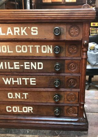 Antique Country Store Display Clark’s Six Drawer Spool Cabinet Bird & Pine Cone 5