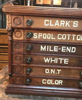 Antique Country Store Display Clark’s Six Drawer Spool Cabinet Bird & Pine Cone 6