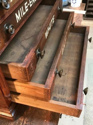 Antique Country Store Display Clark’s Six Drawer Spool Cabinet Bird & Pine Cone 9