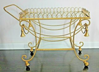 Vintage Antique Gold Gilt Italian Tassel & Rope Bar Cart Hollywood Regency