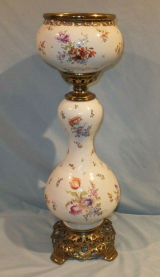 1880 - 1900 Large Dresden Porcelain Floral Painted Banquet Oil Lamp