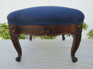 French Early 1900s Mahogany Carved Upholstered Footstool Ottoman 9673