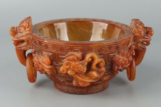 Chinese Exquisite Handmade Brave Troops Carving Ox Horn Cup
