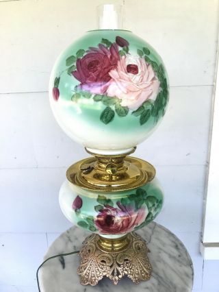 Antique Banquet Oil Lamp Hand Painted Roses Gone With The Wind Victorian Success