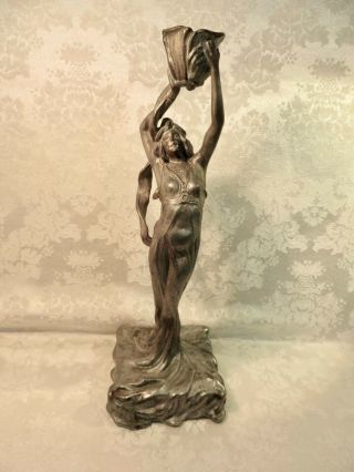 Rare Art Nouveau Antique Candlestick - Spelter Metal Sculpture Of Figural Woman