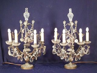 French - Italian Brass And Crystal 4 Arm Girandoles Mantle Lamps