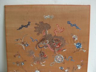 Fine Old Antique Chinese Hand Embroidered Silk Tapestry Panel Embroidery Foo Dog 2