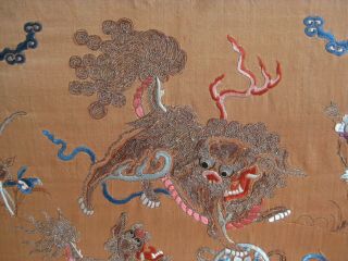 Fine Old Antique Chinese Hand Embroidered Silk Tapestry Panel Embroidery Foo Dog 3