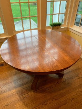 Gustav Stickley Style Mission Antigue Oak Dining Roud Kitchen Table Two Leafs