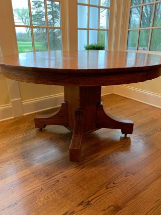 Gustav Stickley style Mission Antigue Oak Dining Roud Kitchen Table Two Leafs 2