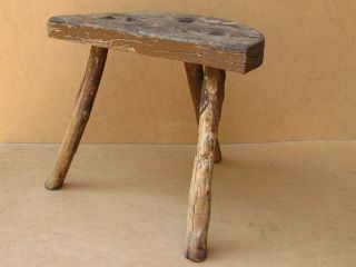 Antique Primitive Wooden Wood Three Legged Milking Stool Chair Tripod 20th