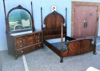 Carved Mahogany Victorian Full Size Bedset.  1890s Bed & Dresser Dolphins