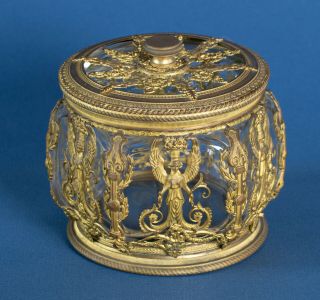 Antique French Empire Ormolu Bronze Mounted Crystal Glass Vanity Jar