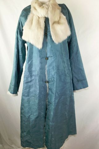 Antique Chinese Robe Coat Fortune Wan Bat Symbol Knot Qing Winter Fur Brocade