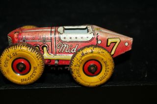 Vintage Tin Marx 7 Midget Wind Up Toy Racer Red Yellow " Balloon " Tires Approx 5