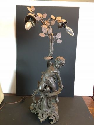 Art Nouveau Lamp Light Patina Figural Putto Spelter Vintage 28”