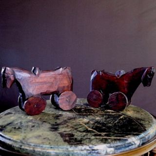 Antique Pair Carved Wood Horses On Wheels - Primitive Toys - Folk Art - Arts & Crafts
