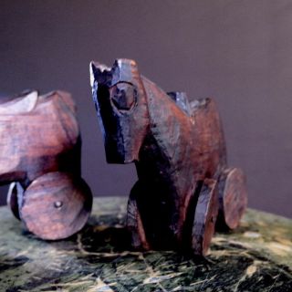 Antique Pair Carved Wood Horses On Wheels - Primitive Toys - Folk Art - Arts & Crafts 5