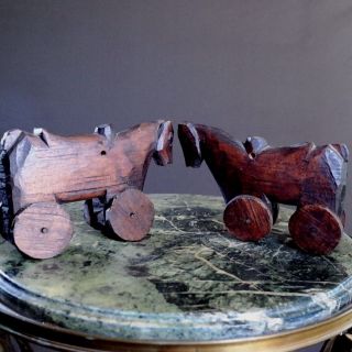 Antique Pair Carved Wood Horses On Wheels - Primitive Toys - Folk Art - Arts & Crafts 6