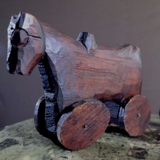 Antique Pair Carved Wood Horses On Wheels - Primitive Toys - Folk Art - Arts & Crafts 7