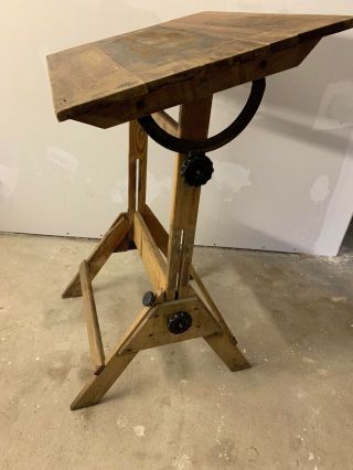 Antique Drafting Table Oak Cast Iron Hamilton? Industrial Engineering Art Office 10
