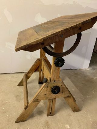 Antique Drafting Table Oak Cast Iron Hamilton? Industrial Engineering Art Office