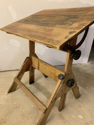 Antique Drafting Table Oak Cast Iron Hamilton? Industrial Engineering Art Office 2
