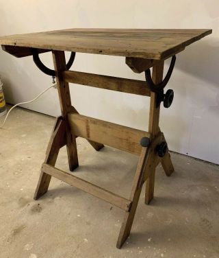 Antique Drafting Table Oak Cast Iron Hamilton? Industrial Engineering Art Office 3