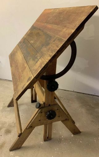Antique Drafting Table Oak Cast Iron Hamilton? Industrial Engineering Art Office 4