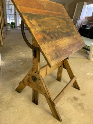Antique Drafting Table Oak Cast Iron Hamilton? Industrial Engineering Art Office 5