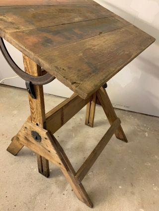Antique Drafting Table Oak Cast Iron Hamilton? Industrial Engineering Art Office 9