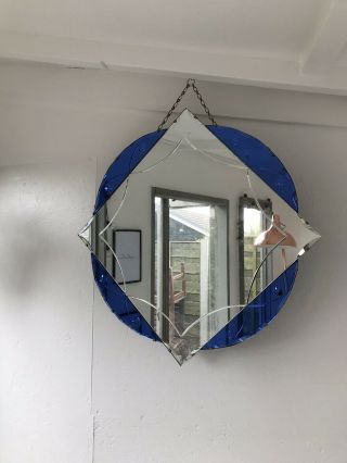 Art Deco Blue Wall Mirror,  Colored Panels,  Blue Etched Mirror Blue