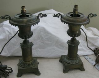 Pair Antique Brass Bronze Urn Lamps Gas To Electric 13 " T Prism Rings Astral?