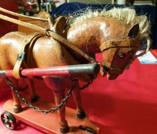 Extremely RARE antique SCHOENHUT articulated horse Pull toy Wagon 11