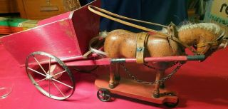Extremely Rare Antique Schoenhut Articulated Horse Pull Toy Wagon