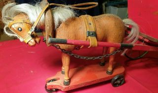 Extremely RARE antique SCHOENHUT articulated horse Pull toy Wagon 3