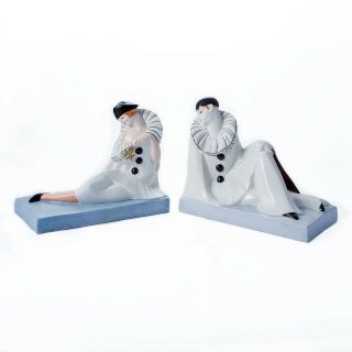 French Art Deco Orchies Marked Porcelain Pierrot And Pierette Bookends