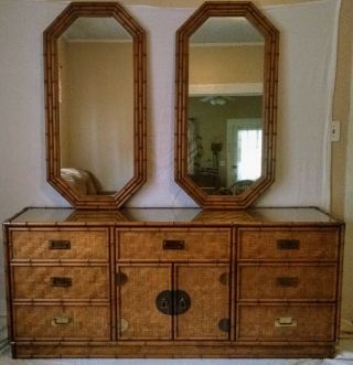 Chic 1960s Dixie Furniture Co Faux Bamboo & Woven Wicker Dresser And Mirrors