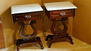 Pair Antique Victorian Mahogany Marble Top Nightstands W/lyre Form Bases&drawer