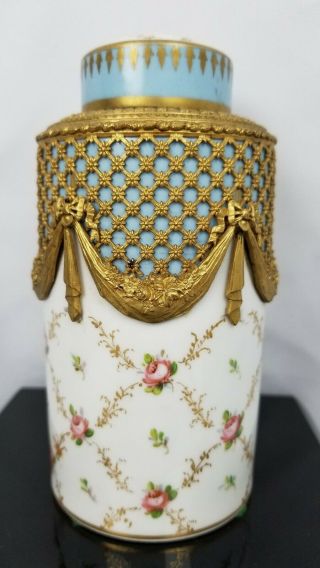 Exceptional Bronze Ormolu Hand Painted Porcelain Jar W/ Lid Sevres Style 19th C.