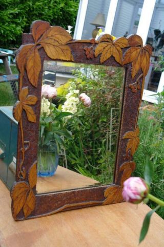 Antique Black Forest Carved Maple Mirror Bevel Glass Arts And Crafts Rustic Chic 12
