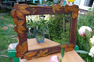 Antique Black Forest Carved Maple Mirror Bevel Glass Arts And Crafts Rustic Chic